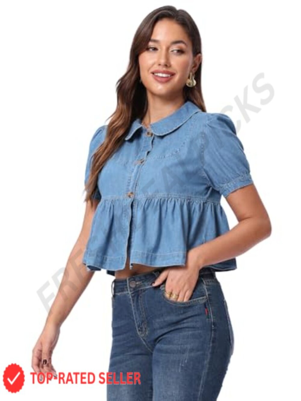 Womens Denim Peter Pan Collar Blouse Ruched Puff Sleeve Peplum Button Front Top